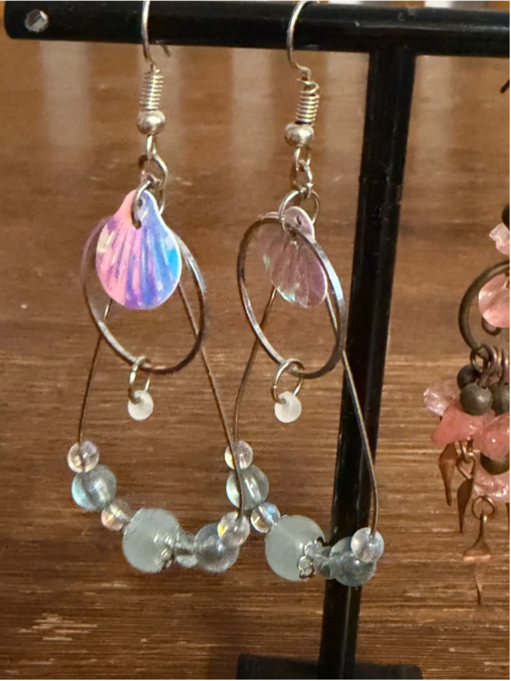 2 Pair Artisan Boho Dangle Earrings Pink Aqua Beaded Chandelier Statement Lot